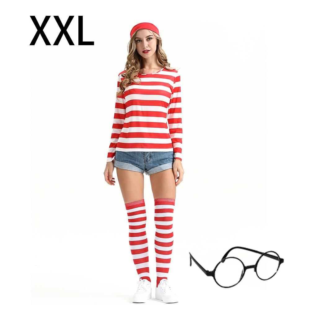 Adult Women Costume Set Parent-Child Red White Striped T-shirt Skin Friendly Soft Knitting Socks Christmas Cosplay Outfit