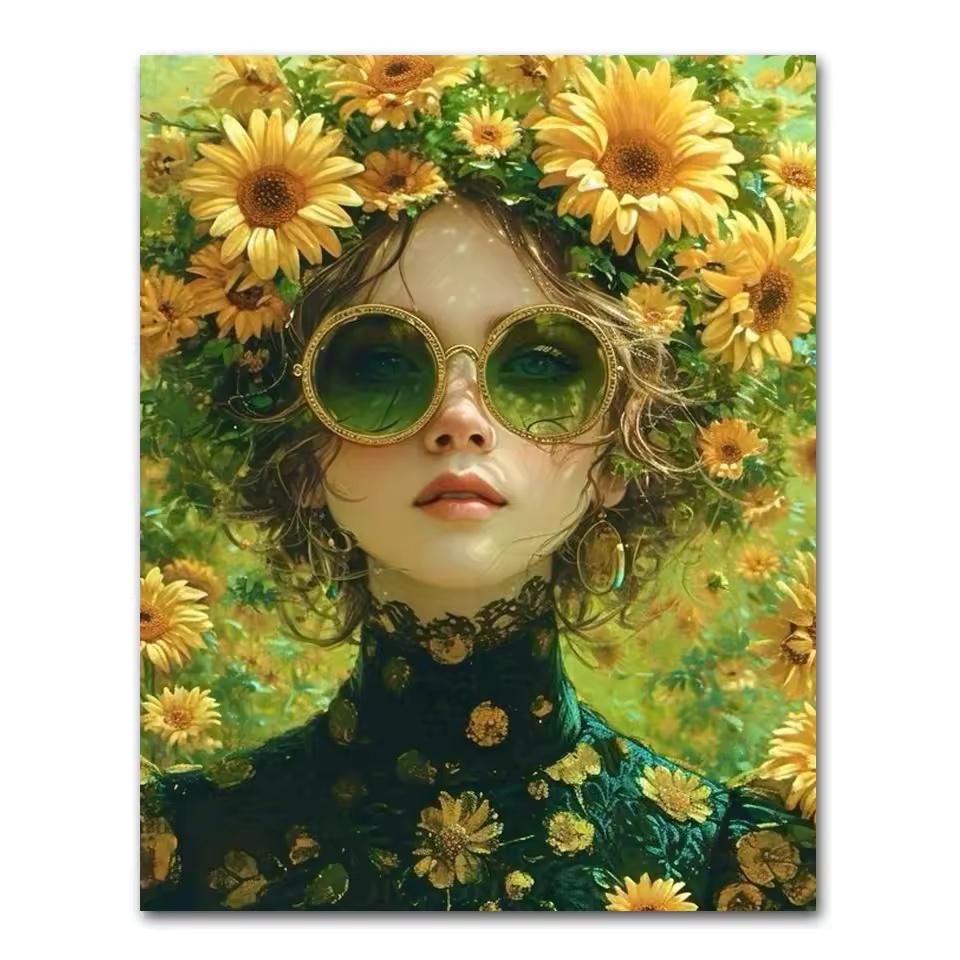 Beautiful Woman with Glasses Flower Canvas Painting Modern Wall Art Woman Character Posters and Prints Living Room Home Decor