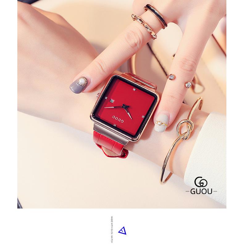 Mode Guou Top-Marke Ultra-dünn Damen Luxus Fortgeschrittenes Geschenk Quadratisch Wasserdicht Kalender Echtes Leder Armbanduhren