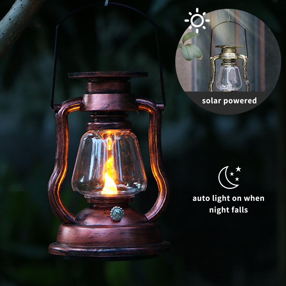 Solar Powered Hanging Candle Light Retro LEDs Oil Lamp Flickering Flameless Solar Lantern Outdoor