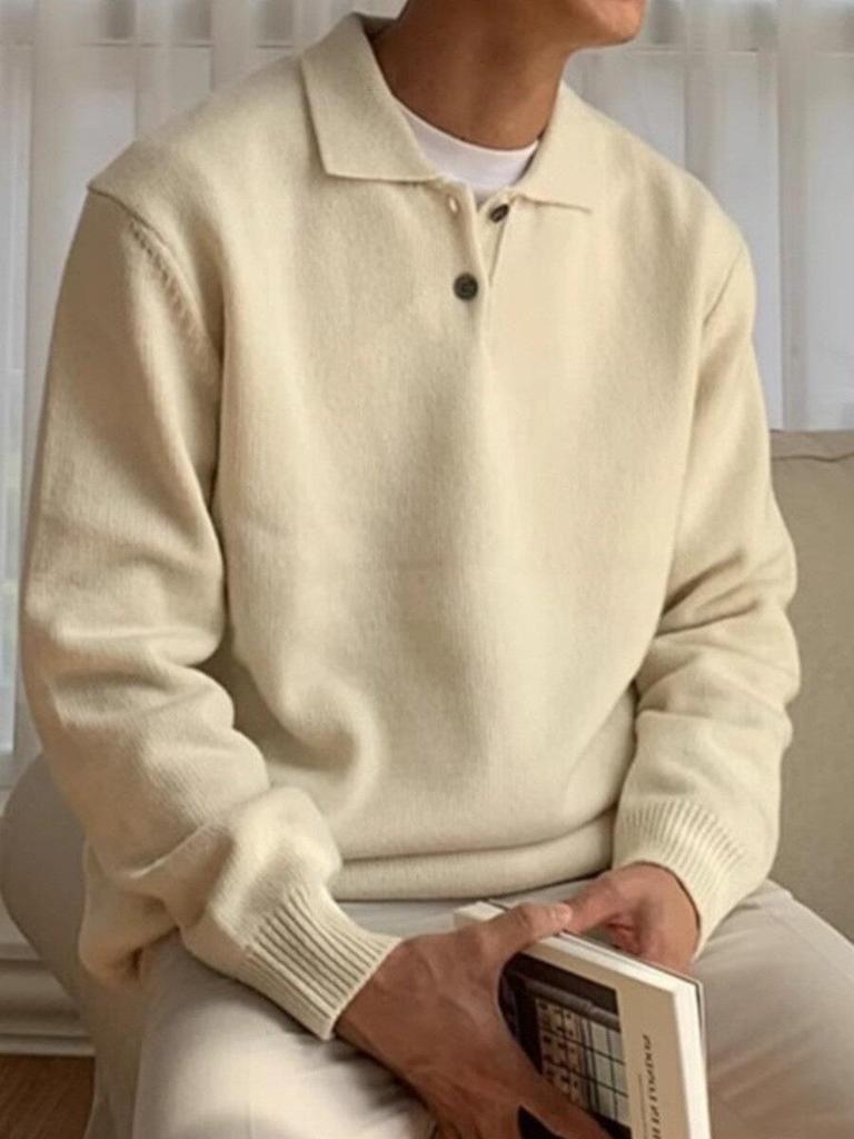 Suéter Polo Masculino de Alta Qualidade Estilo Coreano Cor Sólida - Tricô Casual Tendência com Gola para Outono