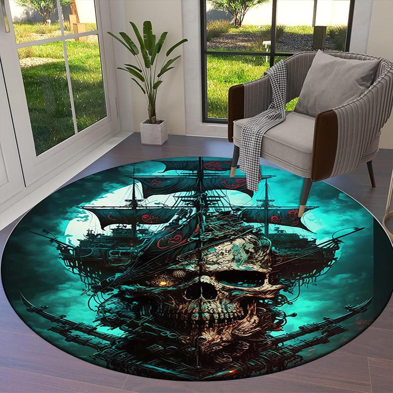Retro Skull Round Area Rug,Carpet Rug for Living Room Bedroom Sofa Playroom Decor,Non-slip Floor Mat