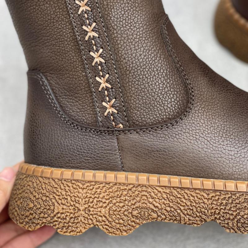 Johnature Botas Femininas Retro de Couro de Vaca Bico Redondo Quentes e de Sola Grossa Couro Genuíno Cano Médio