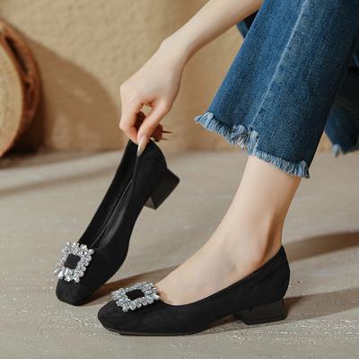 Low Heel Square Head Single Shoes Women's New Suede Rhinestone Square Buckle Work Shoes Women's Black