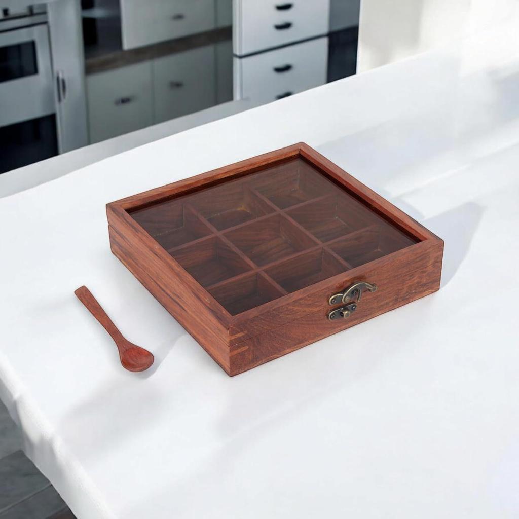 Wooden Spice Box With 9 Partitions & Spoon, Spice Container For Kitchen, Masala Dabba, Namakdani For Kitchen, Wooden Masala Box,