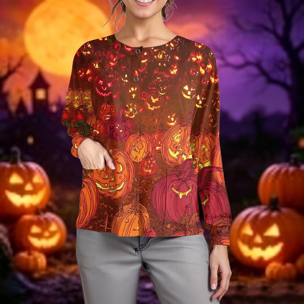 Women Casual Long Sleeve Button Up Cardigan Halloween Ghost Print Lightweight Knit Sweater Top for Caregivers and Everyday Wear
