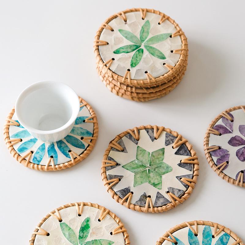 Rattan Shell Coaster Ceramic Heatproof Tea Mat Handwoven Shell Table Mat Decorative Round Coaster Nordic Style