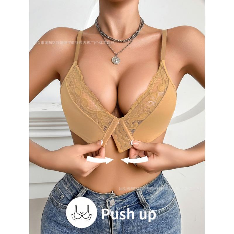 Solid Color Front Closure Lace Push Up Bra – Sexy Deep V Supportive Lingerie