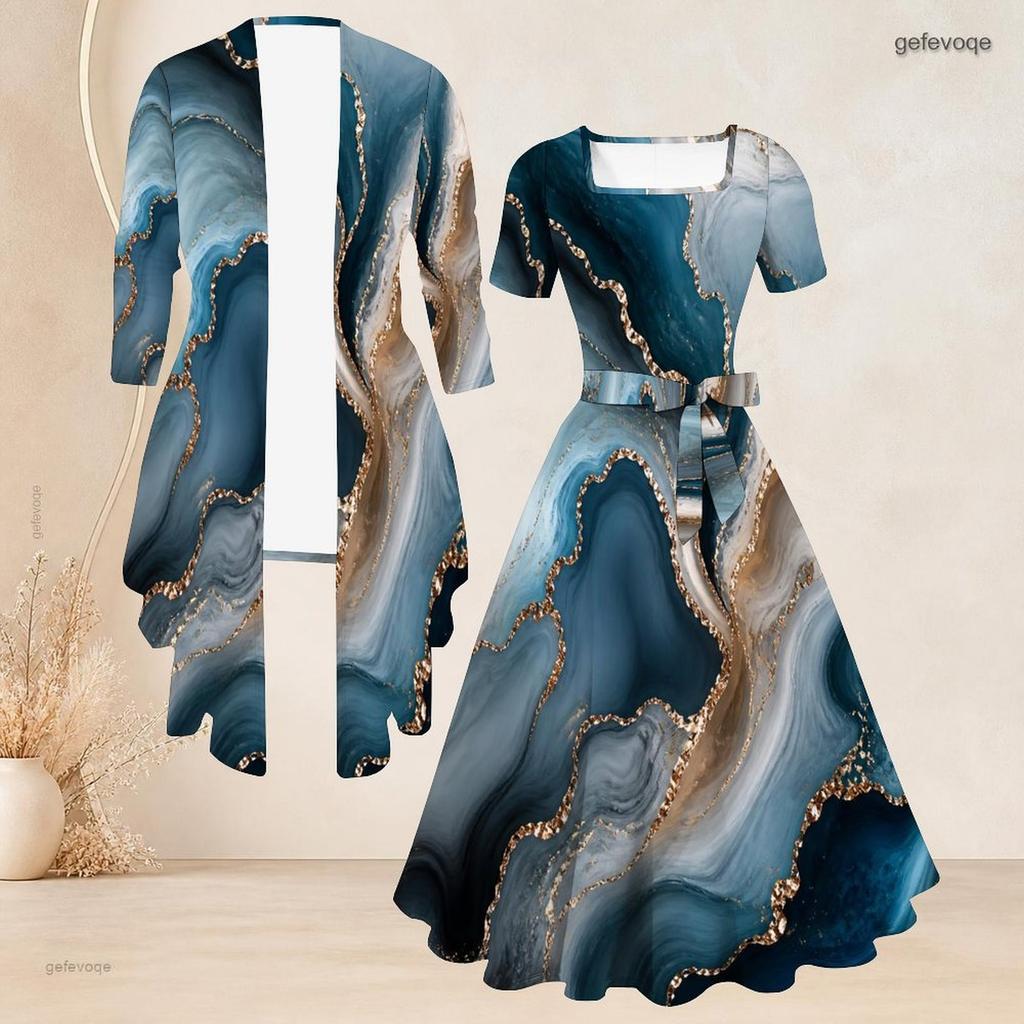 Women Plus Size Two Piece Outfit Square Neck Short Sleeve Tie Waist Flared Dress 3 4 Sleeve Open Cardigan Colorful Printed