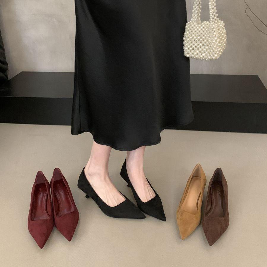 French Pointed Kitten and Black High Heels Women's 2025 New Spring and Autumn Fine Heel Suede Light Mouth Commuter Shoes