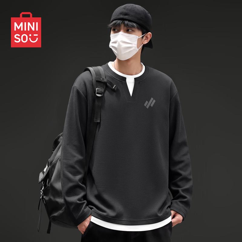 MINISO Men's Waffle Texture Long Sleeve Faux Layered V-Neck T-Shirt