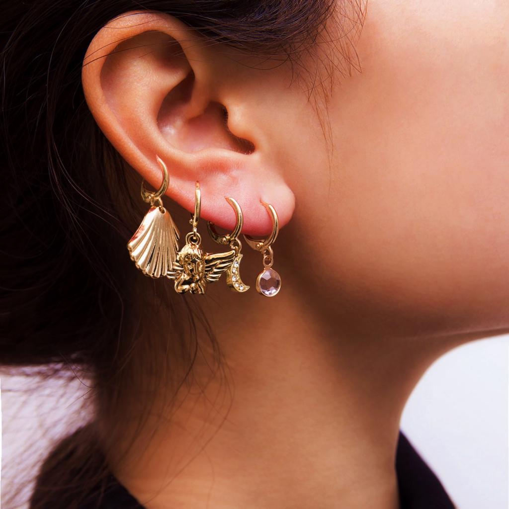 Accessories, Simple And Versatile Alloy Shell Earrings For Women, Temperament Hollow Stars, Diamond-Set Moon Earrings