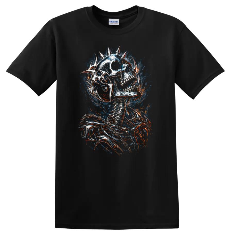 Skull Skeleton T Shirt Gothic Horror Design w/ Spikes and Flames Tee