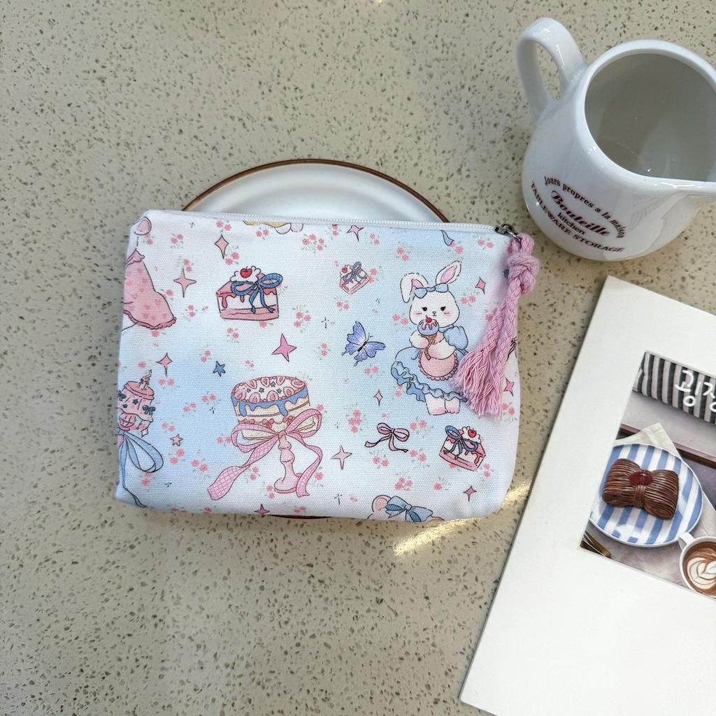 Adorable Blue Cartoon Makeup Bag: Mini Pure Cotton Coin and Earphone Pouch, Lipstick Carrier, Portable Storage.