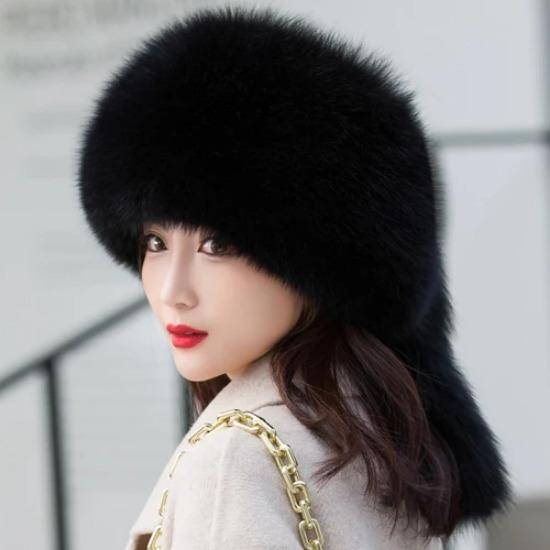 

Лидер продаж, зимние роскошные шапки из натурального лисьего меха для русских женщин, толстая теплая шапка, женская шапка из натурального пушистого лисьего меха с хвостом Adjustable чёрный
