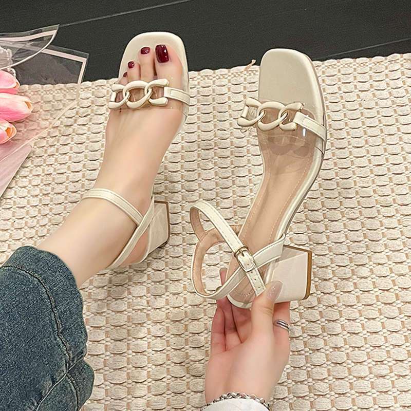Internet Celebrity Word with Fashion High Heels Sandals Square Head Thick Heel Wear Versatile High Heels Women 2025 Summer New
