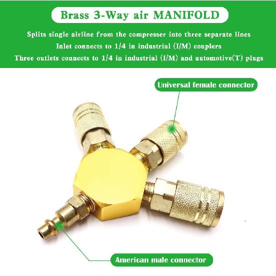 Air Splitter 3-Way Manifold Hex Style with 3 Pieces Brass Industrial Coupler and 1/4" Plug,Air Compressor Hose Accessories Quick Connect Fittings