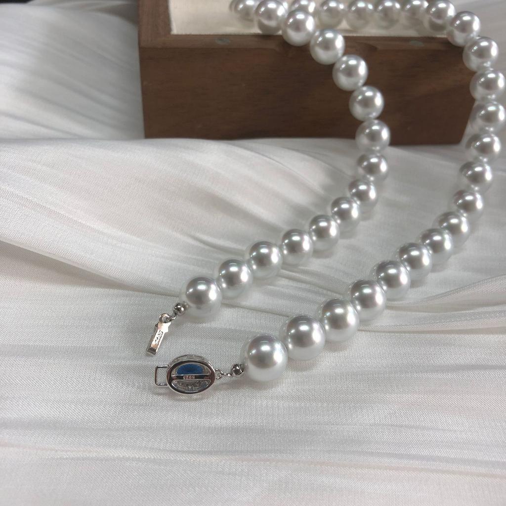 Round strong light artificial blue blood Australian white pearl necklace, cold with colored silver blue light collarbone chain