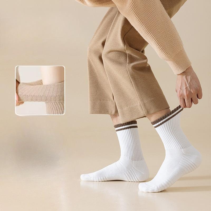 Men's Autumn and Winter Thickened Pure Cotton Wool Loop Bottom Color-blocked Mid-calf Socks, Warm Towel Bottom Anti-odor Sports Long Calf Socks