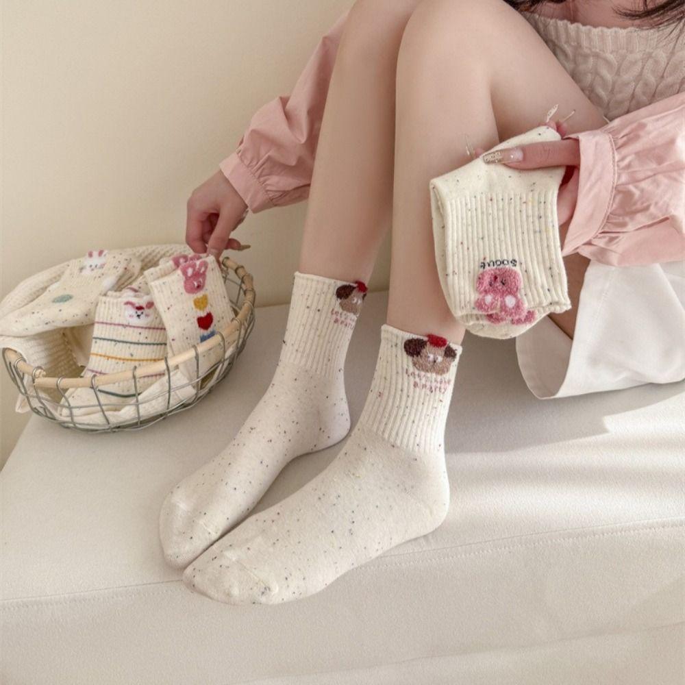 5 Pairs/Set Rabbit Embroidered Printing Women Short Socks Cat Pattern Cotton Socks  Women's Girl's