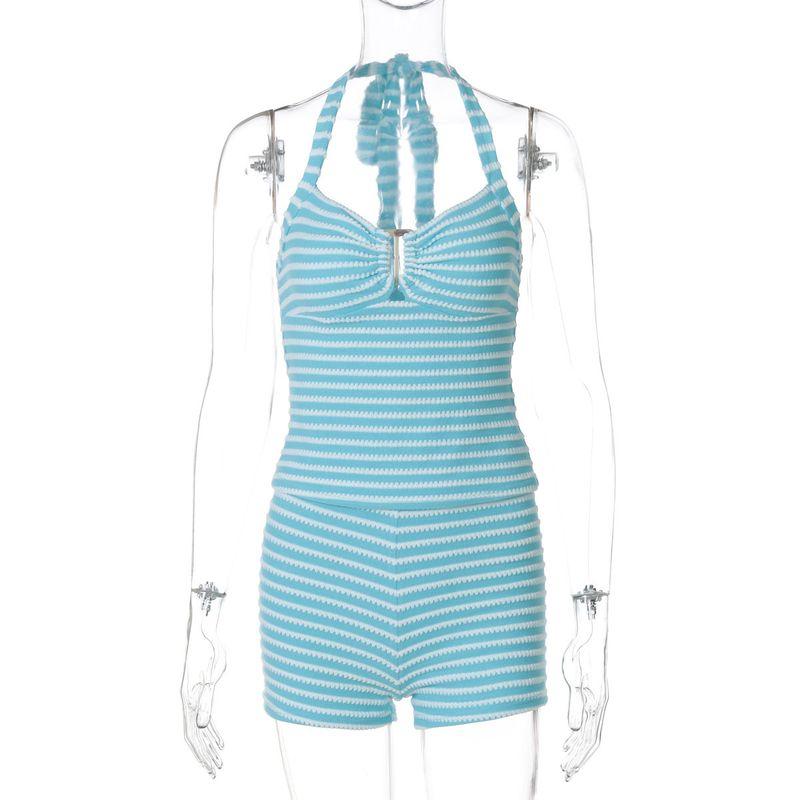 

European and American Women s Clothing 2025 Summer New Fashion Sexy Backless Lace up Tops Silm Stripes Shorts Suit Blue S