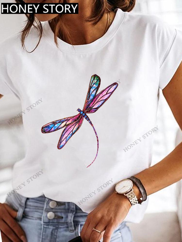 Dragonfly Butterfly Print Base Top Loose Women's Short-sleeved T-shirt Round Neck Oversized T Shirt  Women Clothes