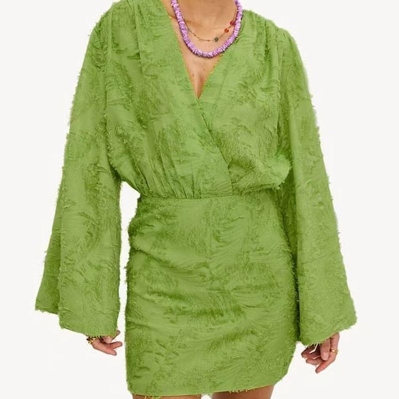 

Fashion Style Pure Color Jacquard Long Sleeves V-neck Hip Short Skirt Loose Dress Jacquard V-neck Dress Green S