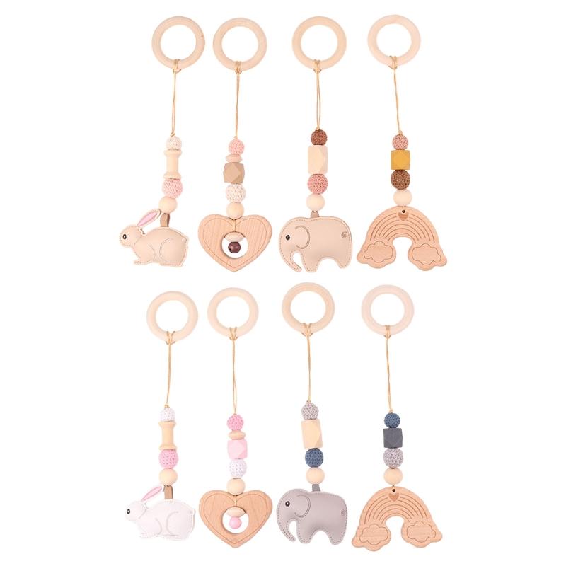 

4 шт. Детские подвески для спортзала, деревянные кольца, бусины, прорезыватель для зубов, погремушка для коляски серый