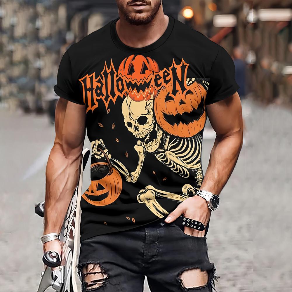 Men's T-shirt Short Sleeved Halloween 3D Pumpkin Skull Pattern T-shirt Fashionable and Funny T-shirt Casual Loose Halloween Party Top
