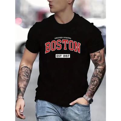 Stylish Boston Letter Print Crew Neck T-Shirt - Soft Slight Stretch Polyester All-Season Wear for Outdoor and Street Style Enthusiasts