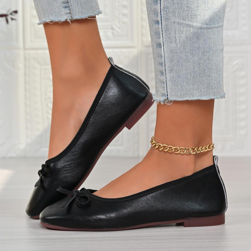 Women Bow Accent Low Heel Square Toe Ballet Flats Slip On Casual Shoes Comfortable Lightweight Design for Daily Wear