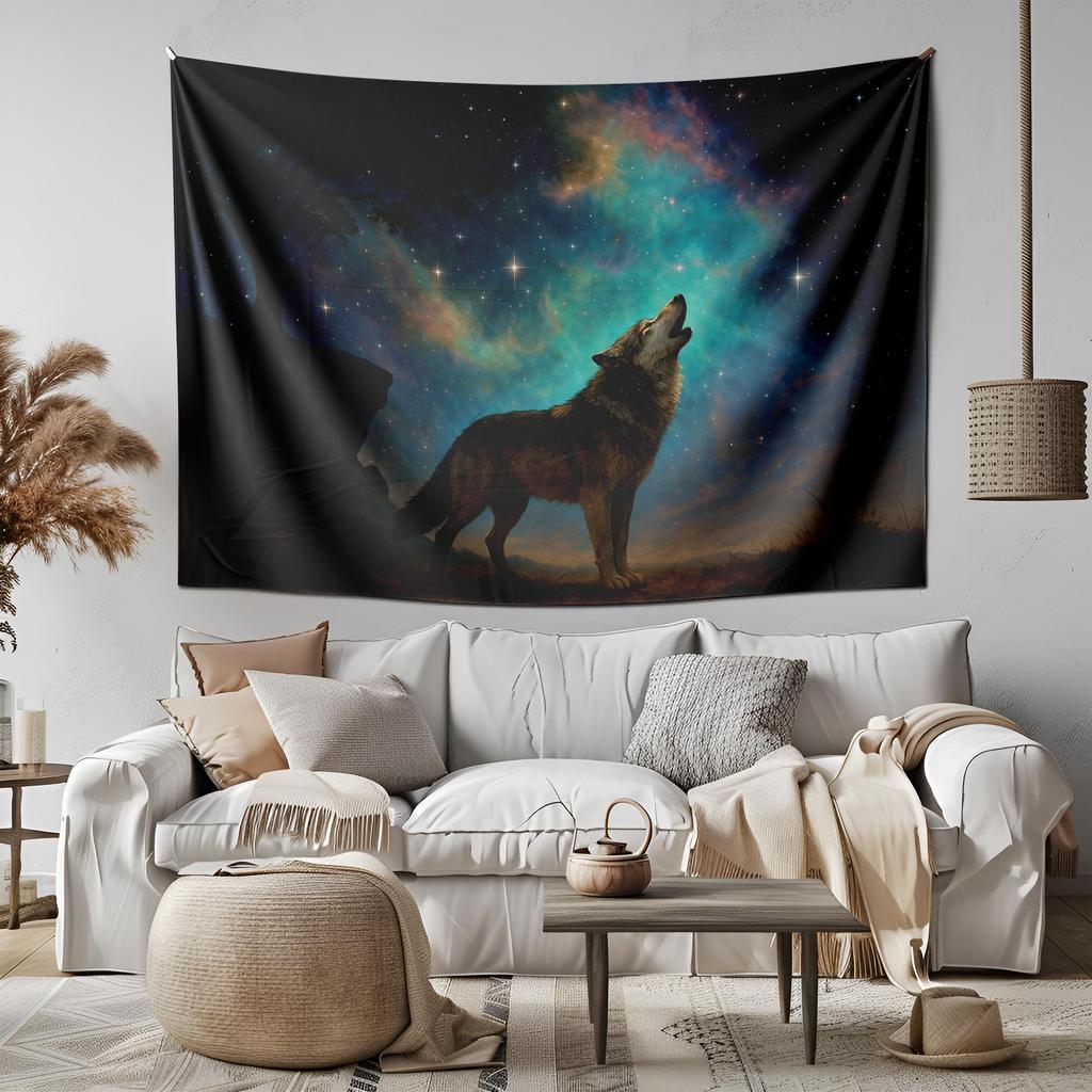 Wolf Tapestry Howling Wolf Wall Art Night Sky Galaxy Decor Mystic Animal Tapestries Nature Forest Boho Wall Hanging