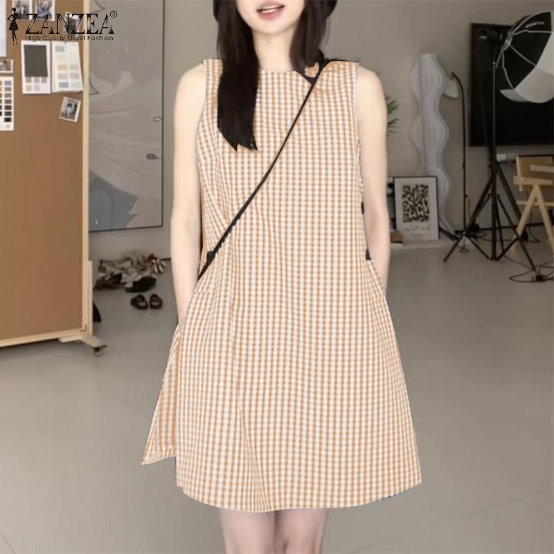 ZANZEA Women Summer Plaid Print Casual Round Neck Side Slit Sleeveless Long Tank Tops