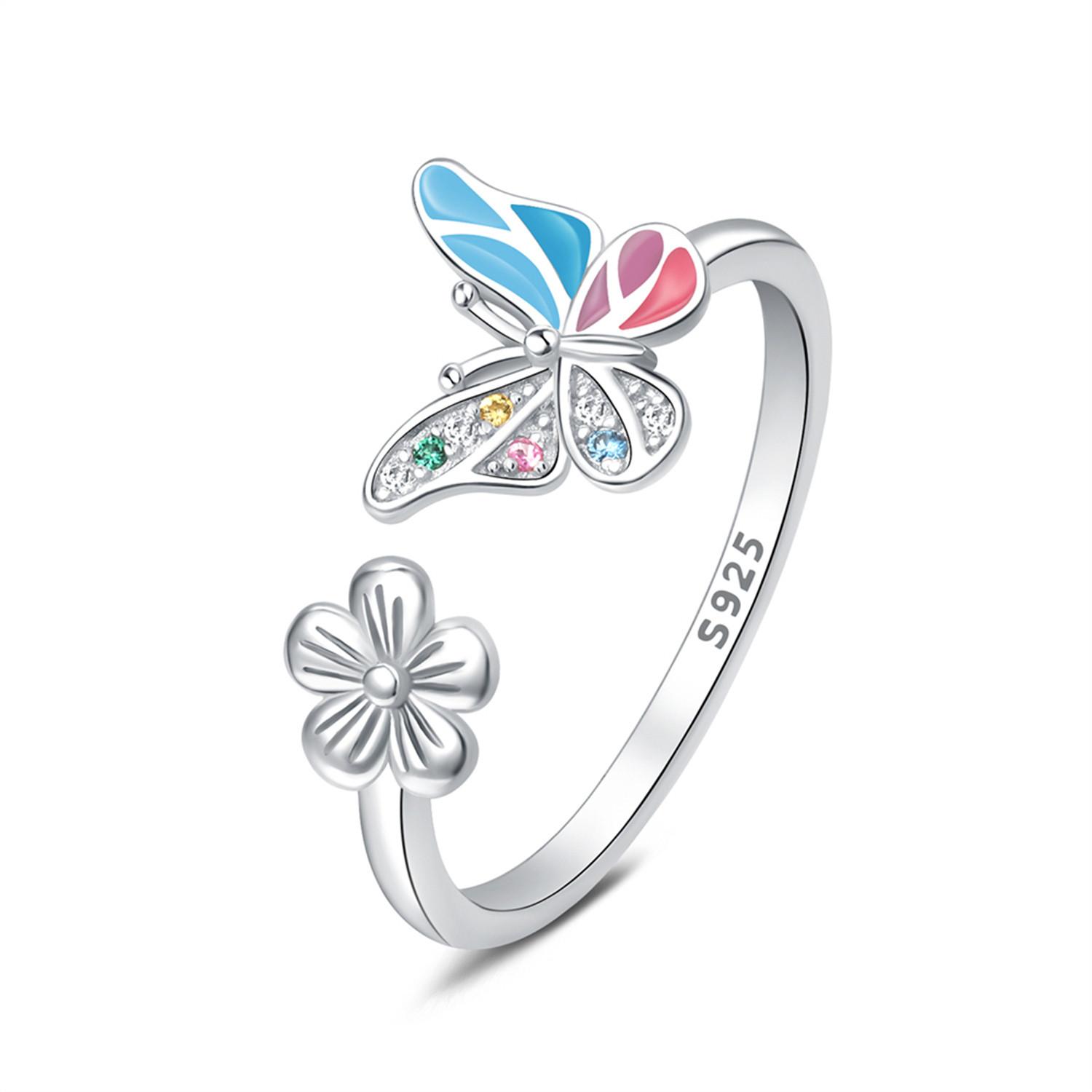 

Original Fine Jewelry for Women 925 Silver Zircon Full Inlay Resin Butterfly Small Flower Adjustable Open Rings Gifts