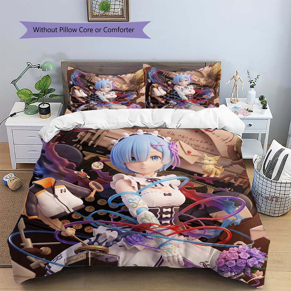 ReZero Patterned Pillowcase & Duvet Cover Set 3 Piece Anime Style Bedding Decor Gift for Fans YUN6515