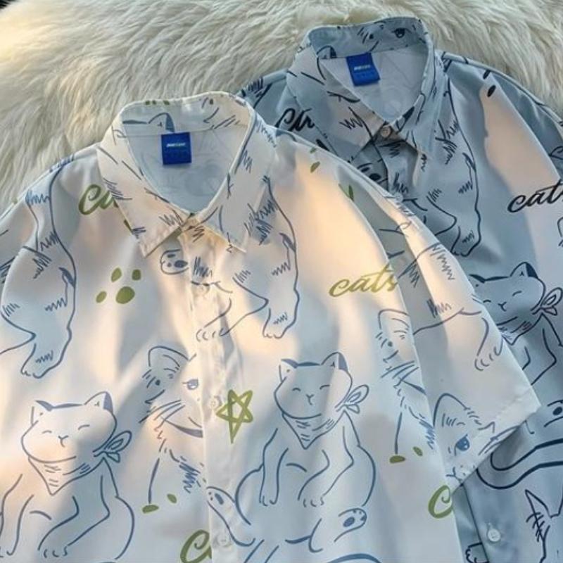 Cat Pattern Short Sleeve Shirt for Woman Harajuku Style Loose Student Casual Shirts Summer New Lapel Single Breasted Top