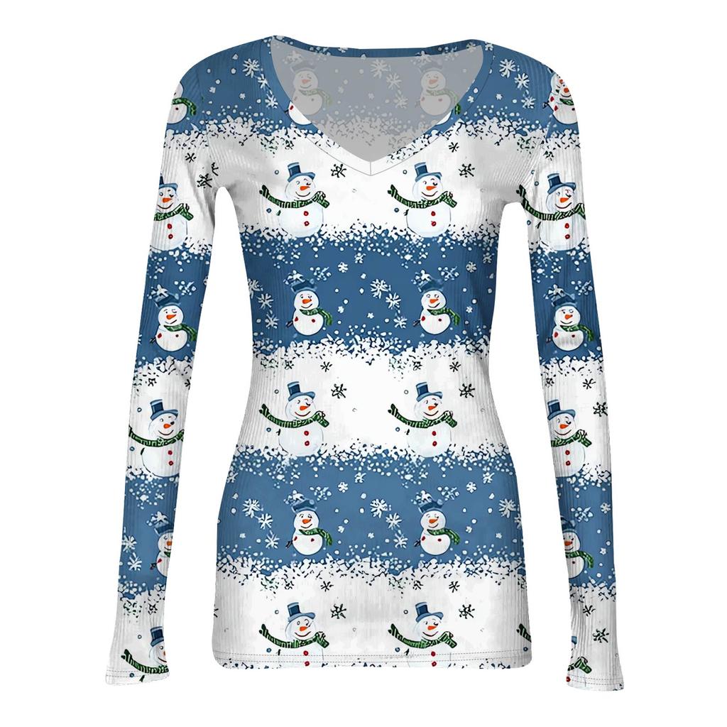 Women's Winter Slim-Fit Base Layer T-Shirt Fashionable Christmas Print V-Neck Pullover Long-Sleeved Top