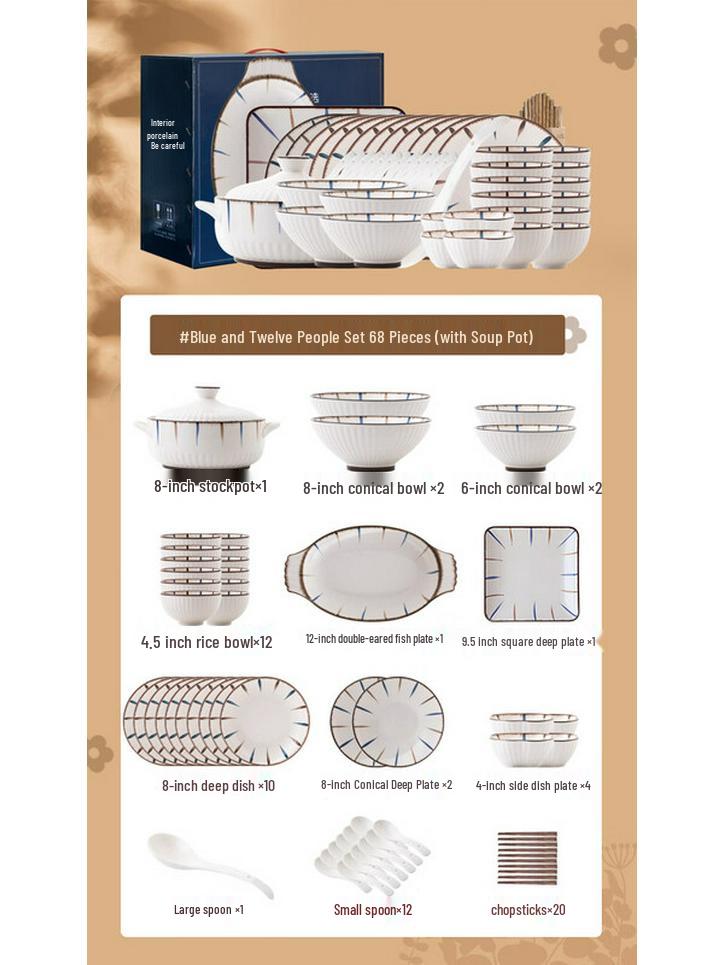 Kangmo Blue Lotus 68-Piece Ceramic Dinner Set