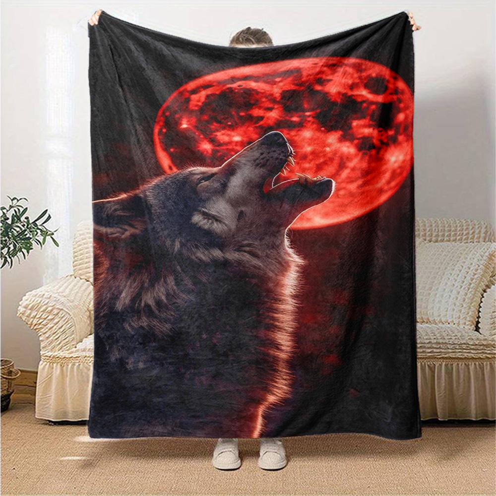 1pc Wolf Howling Moon Throw Blanket Soft Flannel, Cozy All Season Polyester Perfect for Home, Office