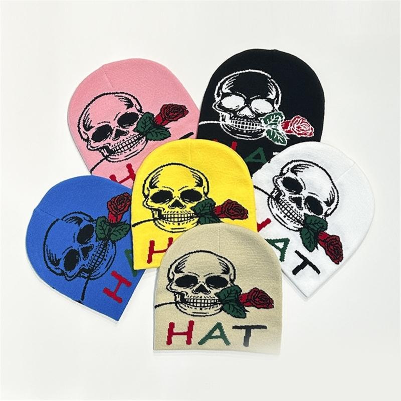 Teens Elastic Beanie Knit Skull Caps with Jacquard Skull&Rose Pattern Skiing Hat