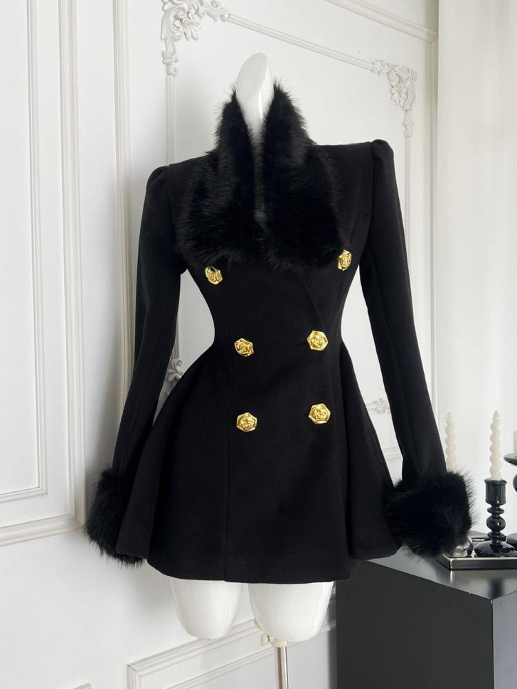 

Французский винтажный элегантный стиль черное стройнящее пальто с завышенной талией, дизайнерское зимнее пальто для женщин S чёрный