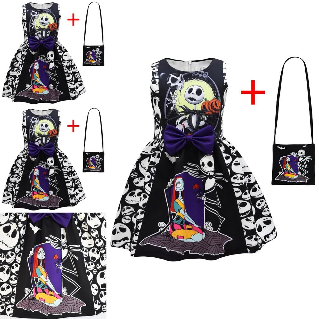 The Nightmare Before Christmas Halloween Girl Dress With Cartoon Pattern And Accessories For Kids