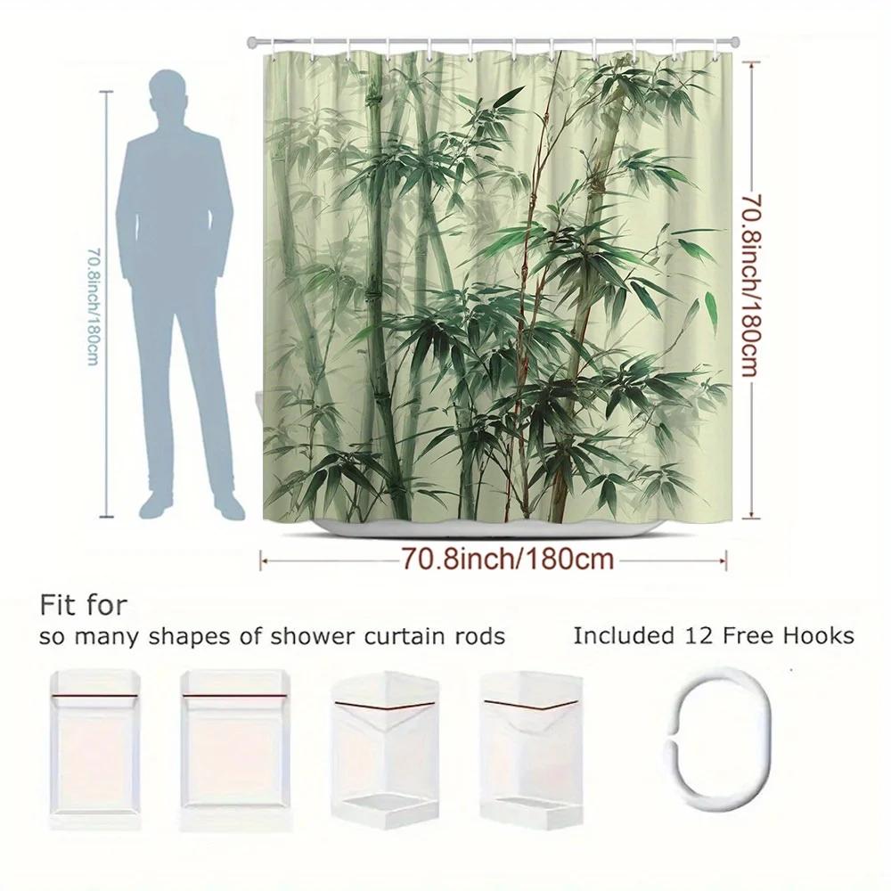 1Pc Bamboo Shower Curtain, Fresh Natural Bamboo Forest Bathroom Decor, Polyester Fabric With 12 Hooks, 70. 8X70. 8 Inches