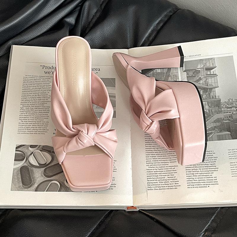 Fashion Temperament Bow Women's Thick Heel One-word Slippers Summer Retro Height Increase and Thin High Heel Cool Slippers