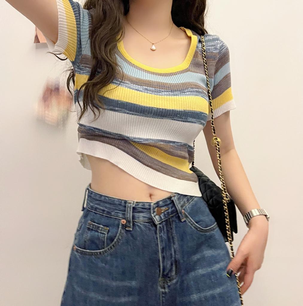 Sweet and Spicy Square Neck Striped Knit Shirt Female Summer Year Slim Thin Positive Shoulder Short Section Short-sleeved Tops Casual Pullovers Tees
