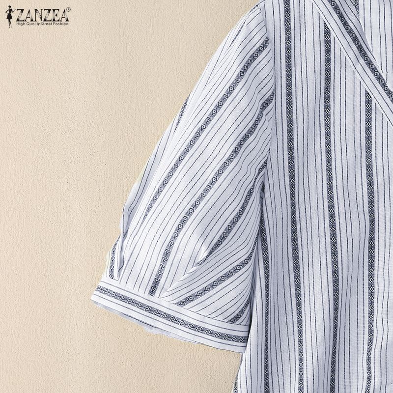 ZANZEA Women Casual Turn Down Collar Summer Short Sleeve Stripe Blouse