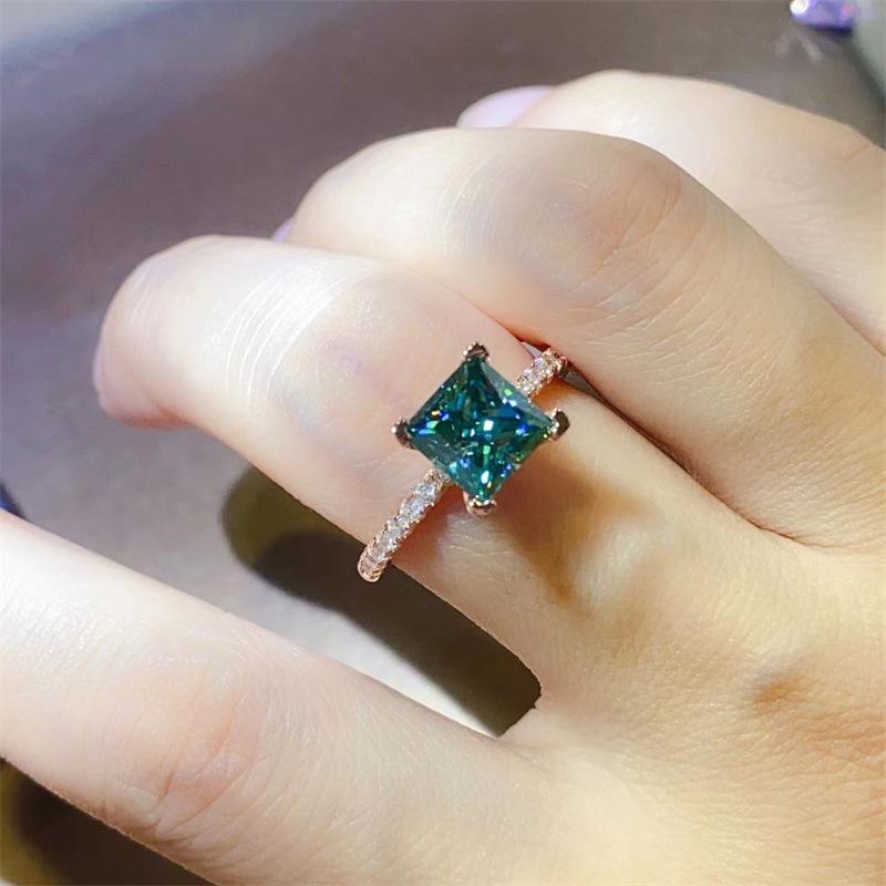 Rose Gold Princess Cut Green Moissanite Ring with AU750 Rose Gold Plating and Certificate