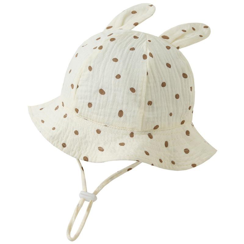 New Baby Gauze Basin Hat Baby Pleated Printed Bucket Hat Rabbit Ear Sun Hat 3-12M