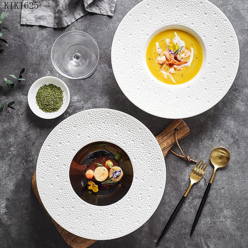 Creative Ceramic Western Food Noodle Soup Straw Hat Plate Luxury Black and White Home Round Fruit Salad Dessert Plate Tableware