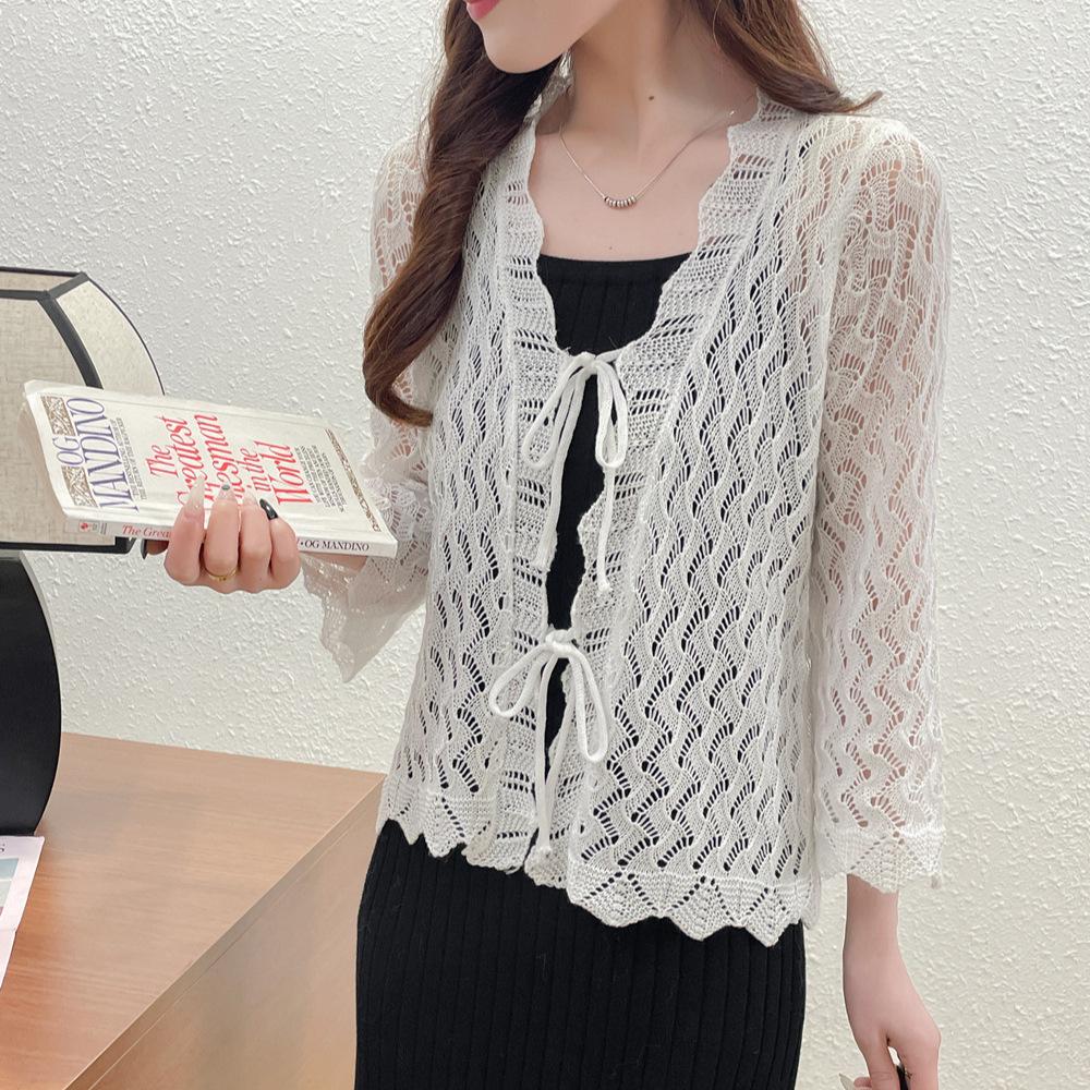 

Sweet hollow lace-up knitted cardigan for women s summer thin outer with small shawl solid color long-sleeved knitted top for women Average size 56-33 білий
